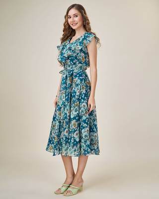  teal georgette floral printed flared dress with belt 3