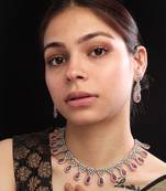 Silver plater red american diamond water drop necklace set