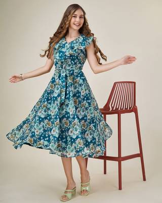 teal georgette floral printed flared dress with belt 1