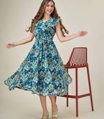  teal georgette floral printed flared dress with belt