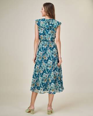  teal georgette floral printed flared dress with belt 4