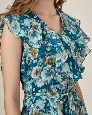  teal georgette floral printed flared dress with belt 5