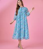  blue georgette floral printed gathered dress with ruffles