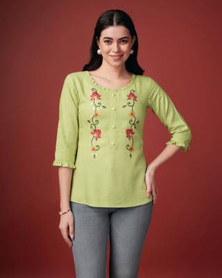  lime green pure viscose rayon floral embroidered a-line top 1