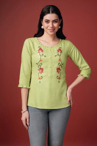 lime green pure viscose rayon floral embroidered a-line top