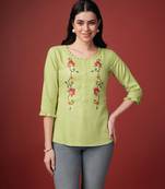  lime green pure viscose rayon floral embroidered a-line top