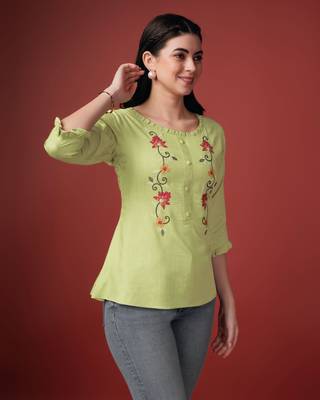  lime green pure viscose rayon floral embroidered a-line top 2