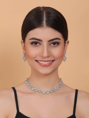 Silver tone turquoise blue american diamond sleek necklace set 1