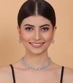 Silver tone turquoise blue american diamond sleek necklace set
