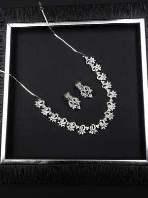 Silver tone turquoise blue american diamond sleek necklace set 2