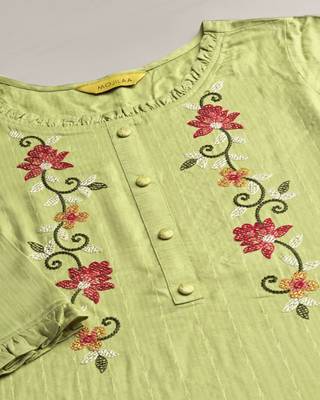 lime green pure viscose rayon floral embroidered a-line top 5