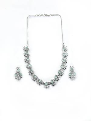 Silver tone turquoise blue american diamond sleek necklace set 3