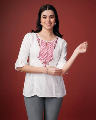  white pure viscose rayon floral embroidered a-line top 1