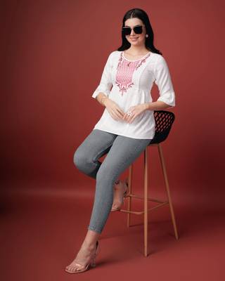  white pure viscose rayon floral embroidered a-line top 3