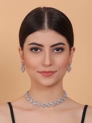 Silver tone multicolor american diamond sleek necklace set 1