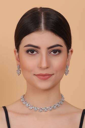 Silver tone multicolor american diamond sleek necklace set