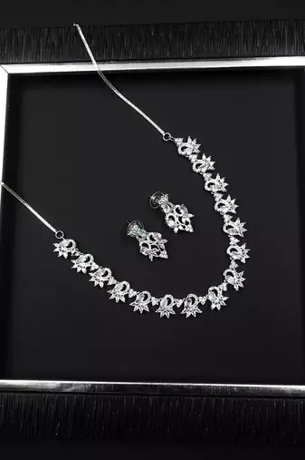 Silver tone multicolor american diamond sleek necklace set
