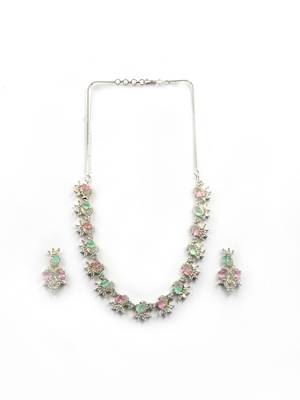 Silver tone multicolor american diamond sleek necklace set 3