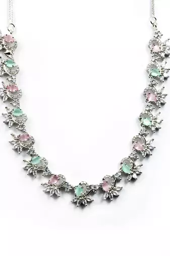 Silver tone multicolor american diamond sleek necklace set
