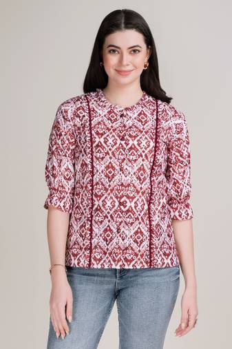  brown pure cotton blend ikat bored schiffli embroidered a-line top