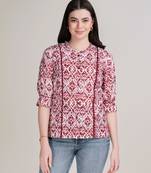 brown pure cotton blend ikat bored schiffli embroidered a-line top