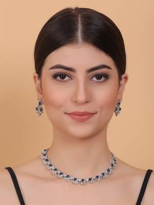 Silver tone blue american diamond sleek necklace set 1