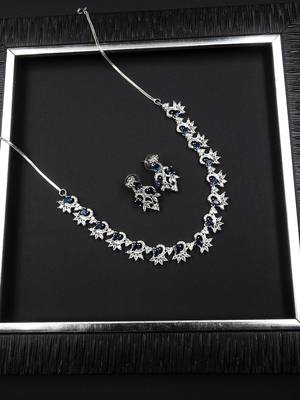 Silver tone blue american diamond sleek necklace set 2