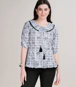  black pure cotton blend abstract bored schiffli embroidered drop waist top