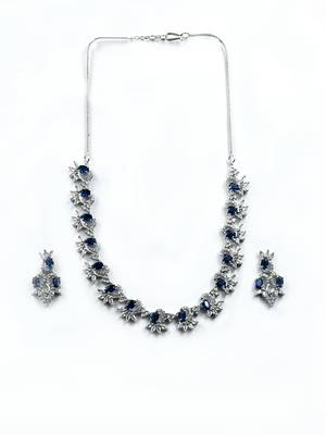 Silver tone blue american diamond sleek necklace set 3