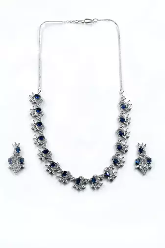 Silver tone blue american diamond sleek necklace set