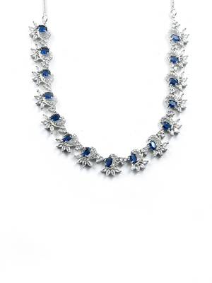 Silver tone blue american diamond sleek necklace set 4