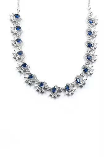 Silver tone blue american diamond sleek necklace set