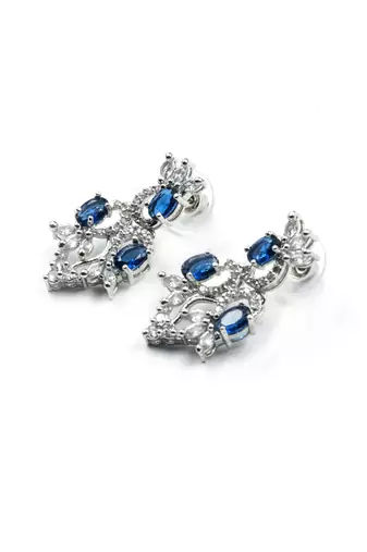 Silver tone blue american diamond sleek necklace set