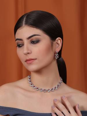 Silver tone red american diamond sleek necklace set 1