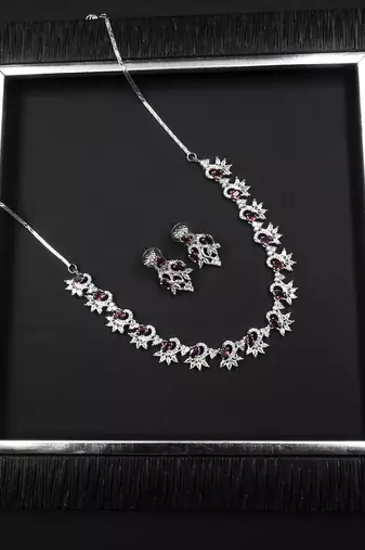 Silver tone red american diamond sleek necklace set