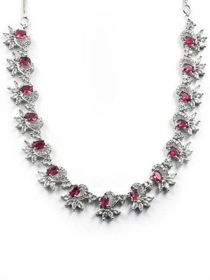 Silver tone red american diamond sleek necklace set 4