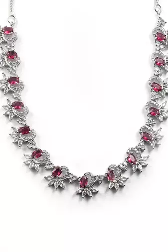 Silver tone red american diamond sleek necklace set