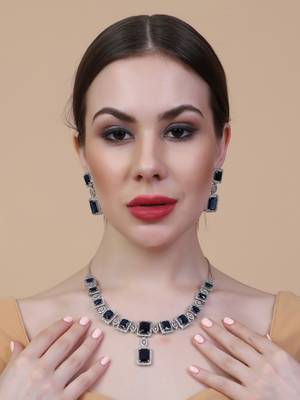 Silver plated blue big square cz necklace set 1
