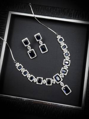 Silver plated blue big square cz necklace set 2
