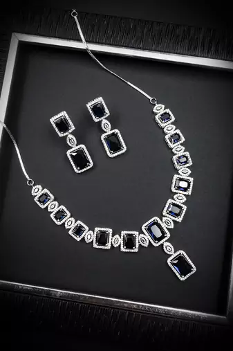 Silver plated blue big square cz necklace set