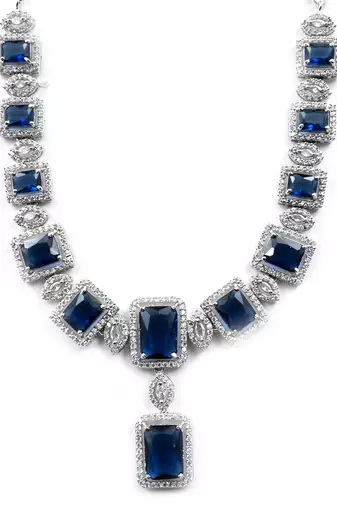 Silver plated blue big square cz necklace set