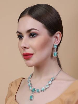 Silver plated turquoise blue blue big square cz necklace set 1