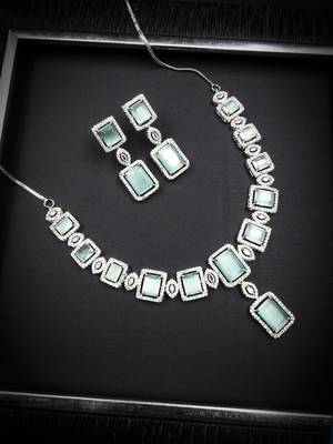 Silver plated turquoise blue blue big square cz necklace set 2