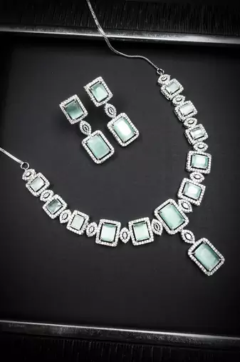 Silver plated turquoise blue blue big square cz necklace set