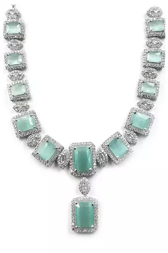 Silver plated turquoise blue blue big square cz necklace set