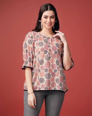  beige pure cotton blend geometric bored schiffli embroidered a-line top 1