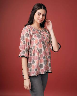  beige pure cotton blend geometric bored schiffli embroidered a-line top 2