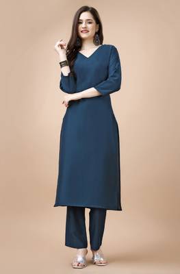  teal chinon silk solid kurta with pant 1