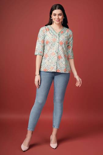  sea green pure cotton blend geometric bored schiffli embroidered shirt style top
