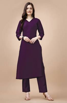 Mojilaa women's purple chinon silk solid kurta with pant 1